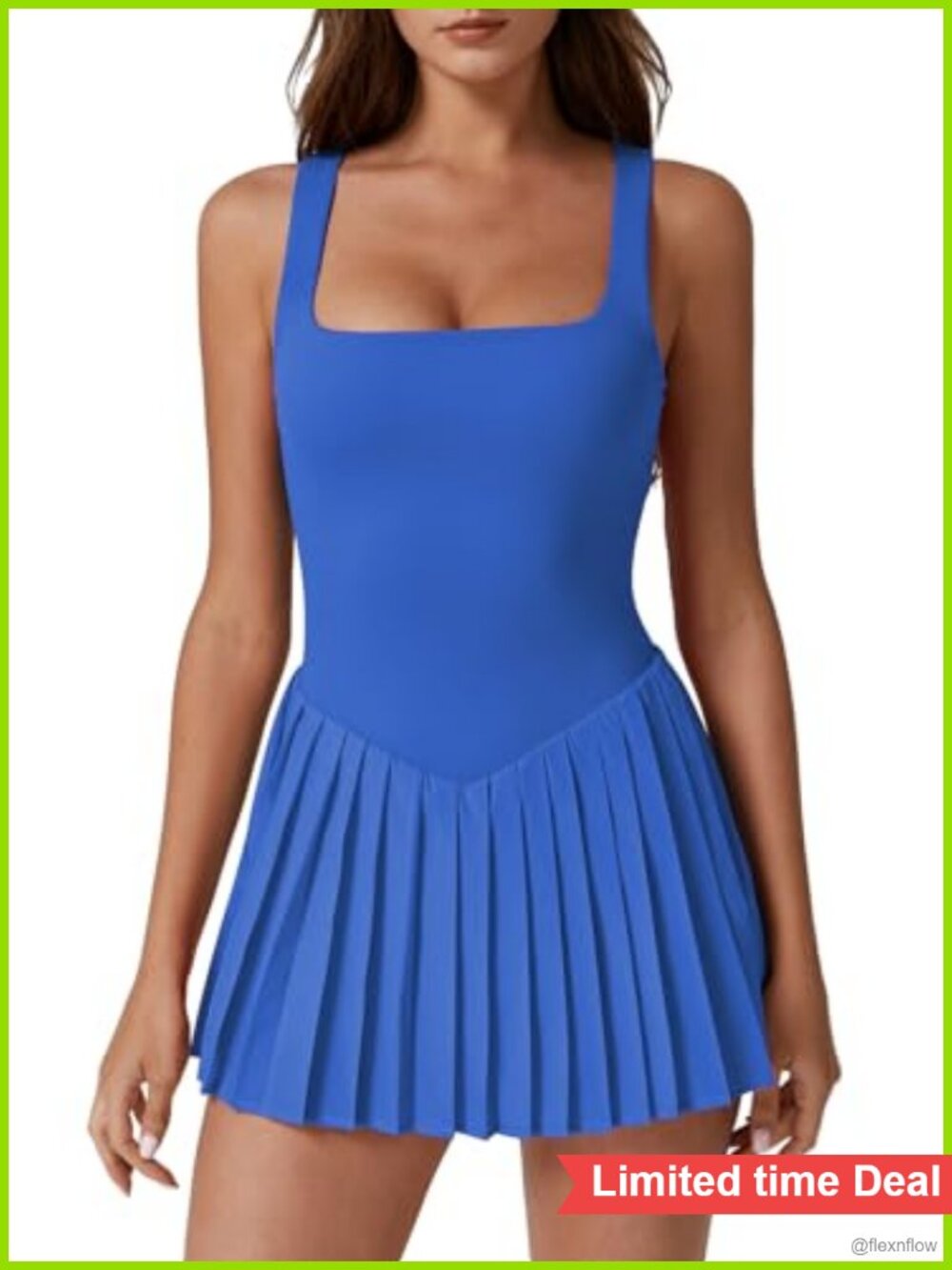 Women's Square Neck Tennis Dress with Built-in Shorts Sporty Pleated Sleeveless